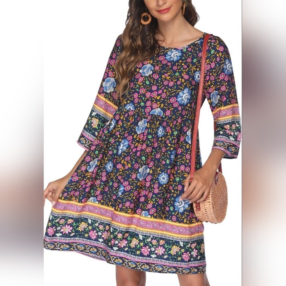 Hotouch Blue Lightweight Summer Floral Boho A-line Dress Relaxed Fit Size Medium